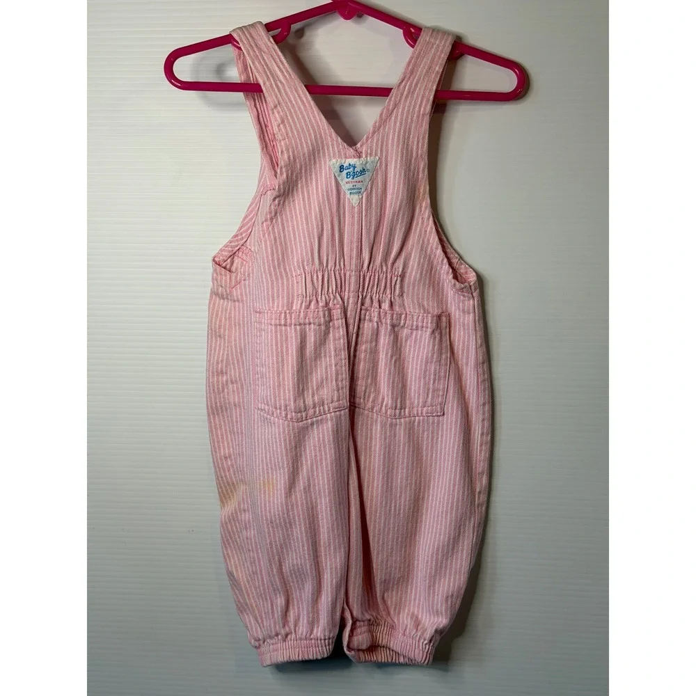 VTG OshKosh B'gosh Overalls Pink Hickory Stripe Cotton‎ Romper 3/6M Baby Girls
